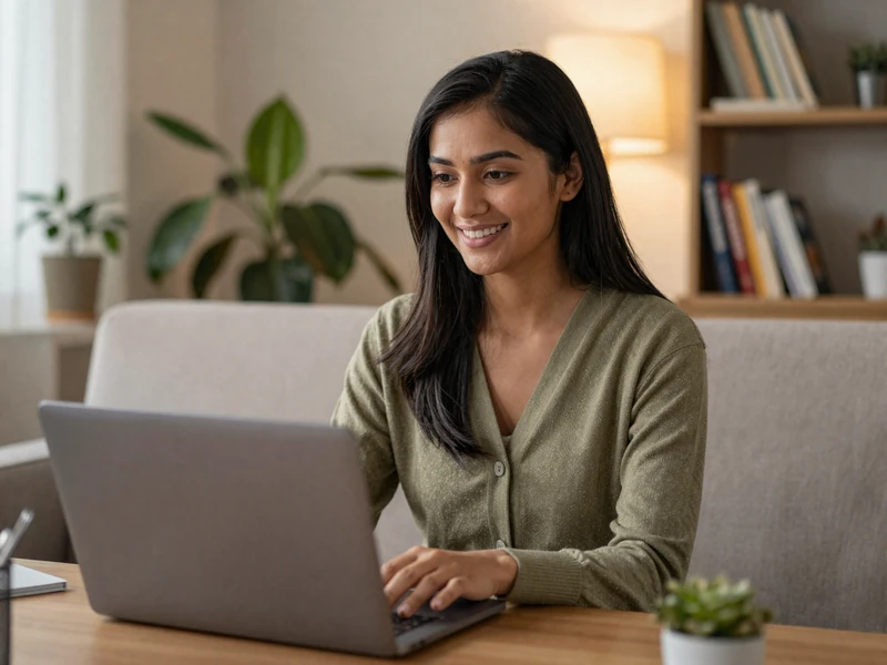 Woman on a video call in a cozy home interior, illustrating safety practices on military dating sites