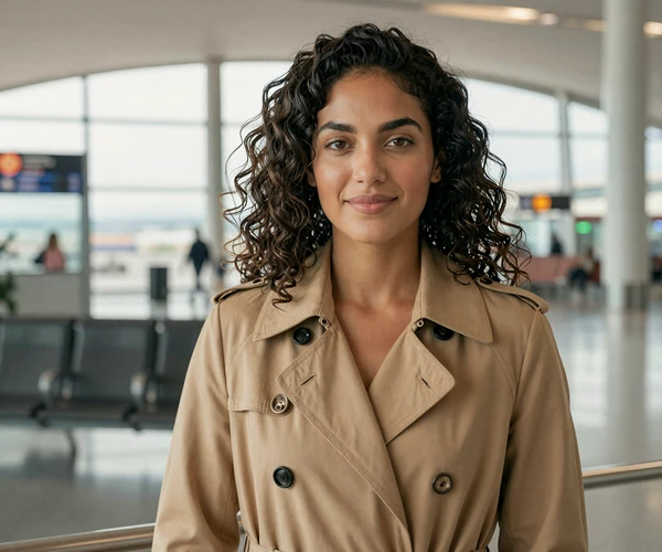 Woman at an airport terminal looking at camera on a military pilot dating site