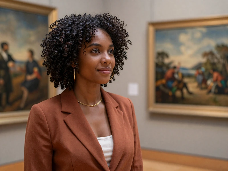 Woman at a museum gallery, reflecting the thoughtful approach women take when evaluating military men as partners