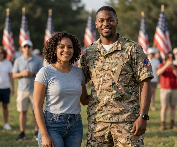 Talia and Marcus at a patriotic celebration after meeting on a military dating site