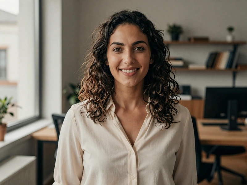 Mixed-ethnicity woman smiling in a casual office, representing a civilian partner dating a military officer