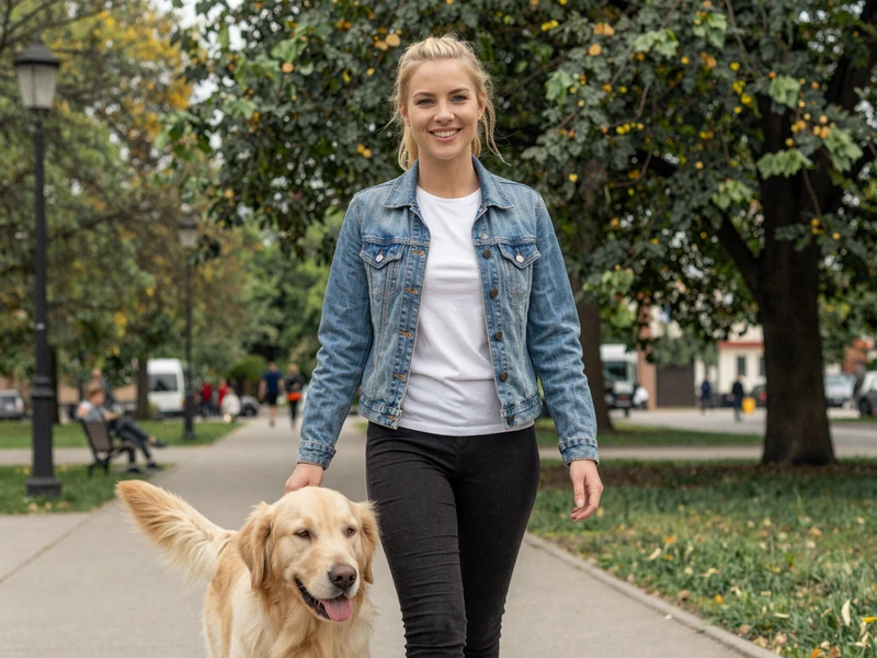 Young woman walking a dog in a park, symbolizing the grounded civilian life that veteran dating can offer
