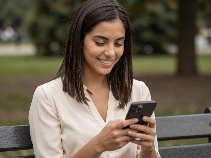 Latina woman smiling at her phone in a park, representing someone using a military dating app instead of mainstream apps