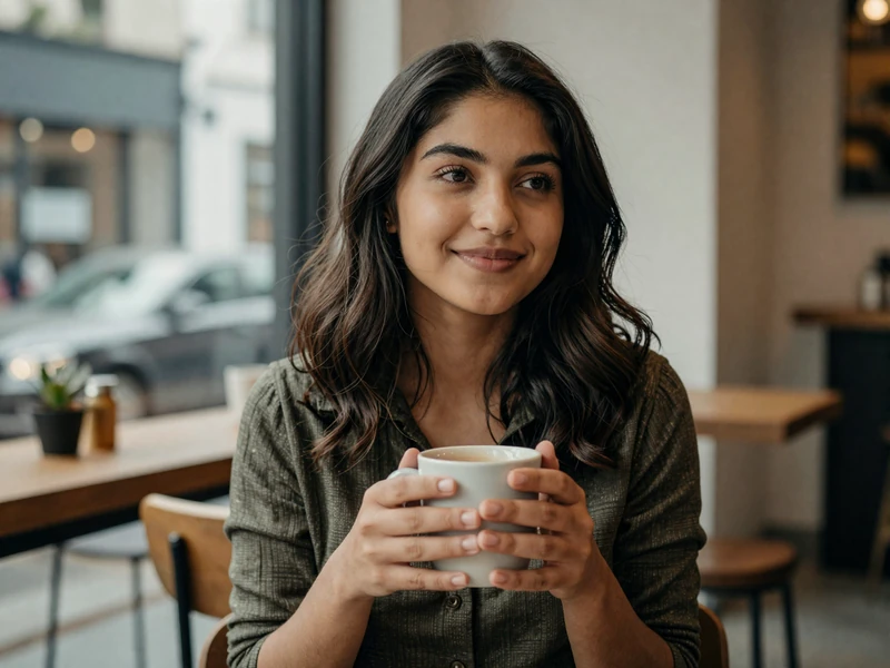 Latina woman smiling thoughtfully in a coffee shop considering military dating relationships