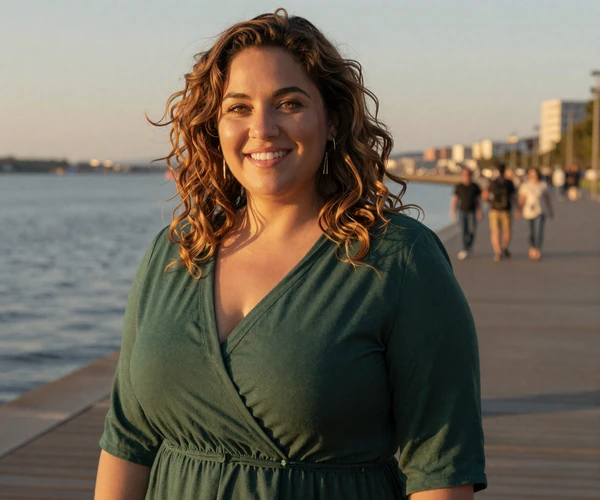 Woman on a waterfront boardwalk interested in dating men in uniform