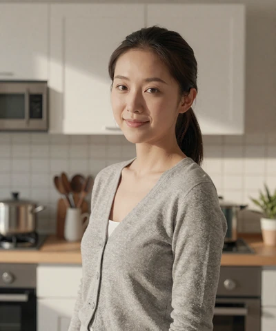 Mei in a modern apartment kitchen on a military uniform dating platform