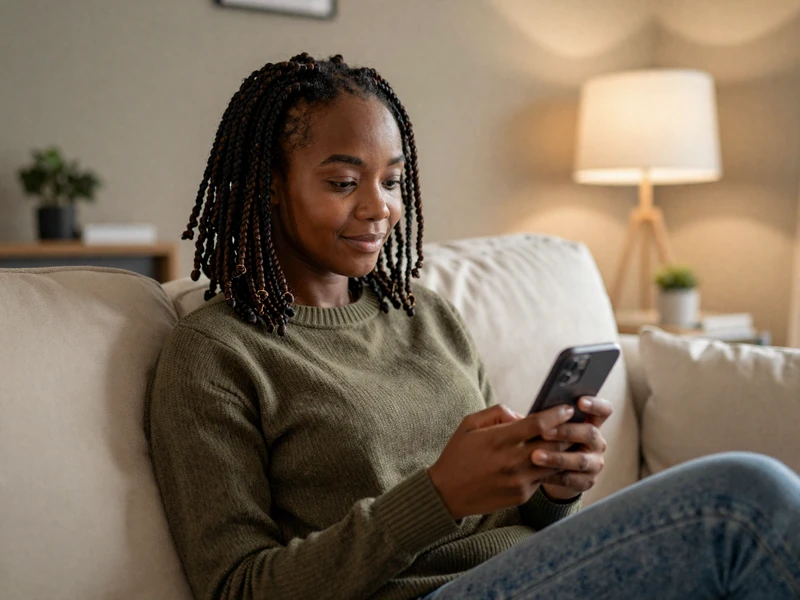 Woman sitting alone on a couch looking at her phone, representing loneliness in a long distance military relationship