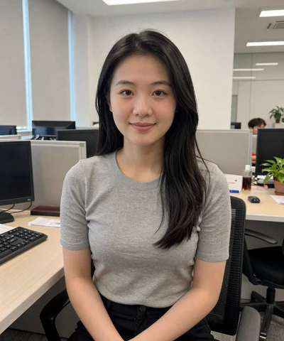 Elena in a casual office setting on a veteran dating site
