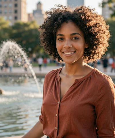 Naomi at a city park fountain on a uniform dating site