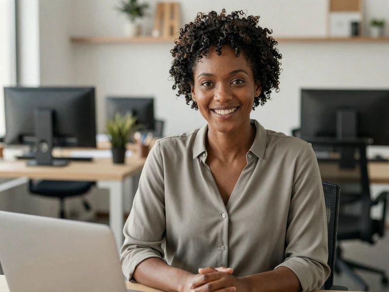 Black woman smiling at a casual office, representing professional life and new relationships after veteran dating