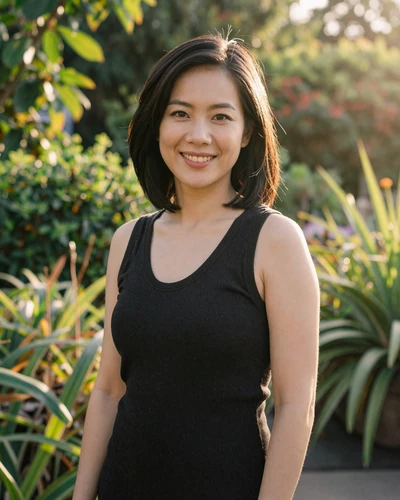 Asian woman smiling confidently in a botanical garden on a military dating site