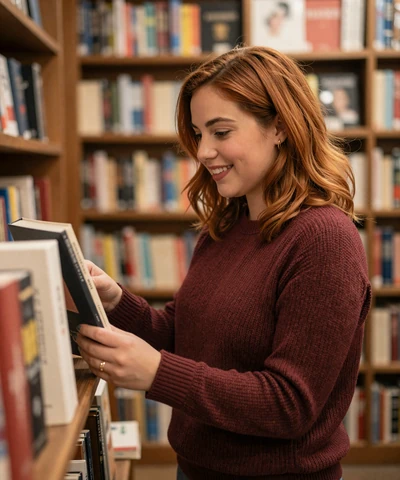Camila browsing books in a bookstore for military cupid dating