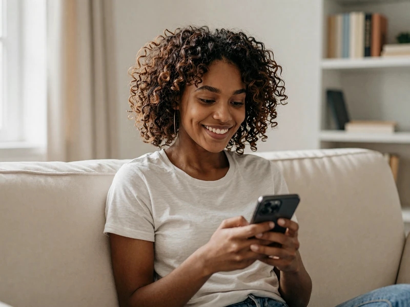 Black woman smiling while holding her phone, representing intentional communication in military dating