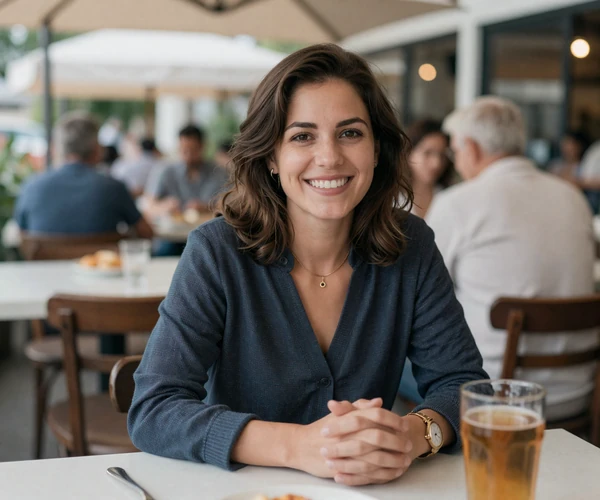 Woman smiling at a restaurant terrace, seeking veteran dating on MilitaryHearts