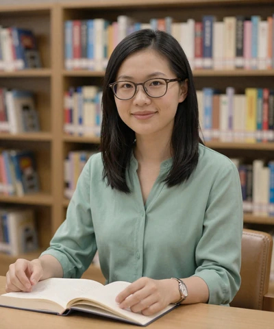 Mia at a library reading desk on a submarine sailor dating platform