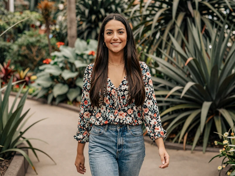 Latina woman walking through a botanical garden, representing the calm pace of veteran dating after military retirement