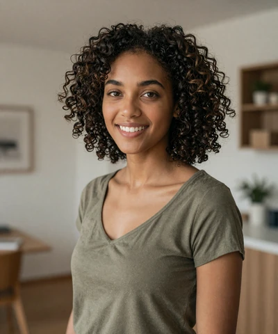 Sophie smiling in her modern apartment on a free military dating platform