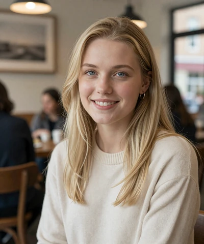 Hannah smiling in a sunlit coffee shop on a military dating site