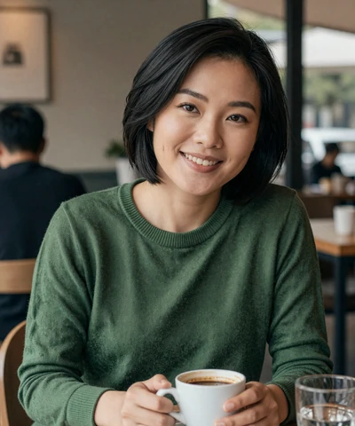 Mia at a travel cafe on an aviation singles dating platform