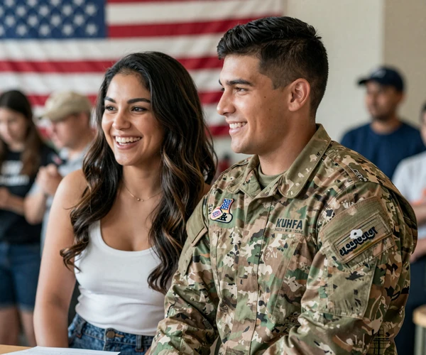 Chris and Angelica laughing at a veteran community event after meeting through military dating