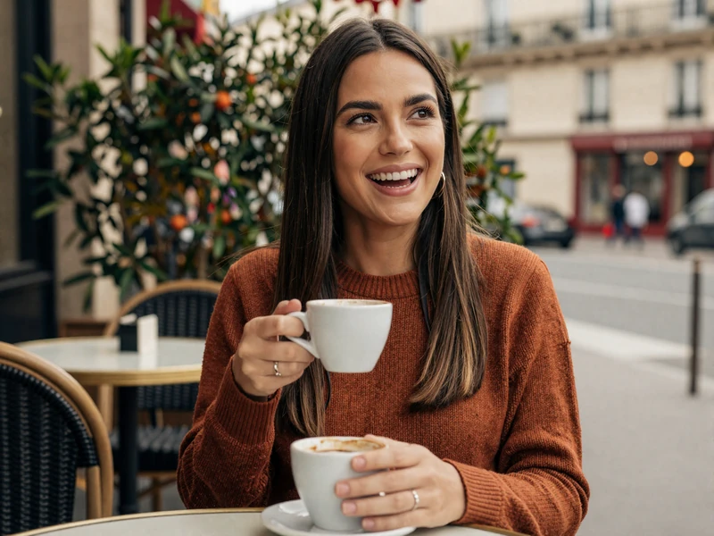 Young woman laughing at an outdoor cafe, reflecting the growing appeal of military online dating communities
