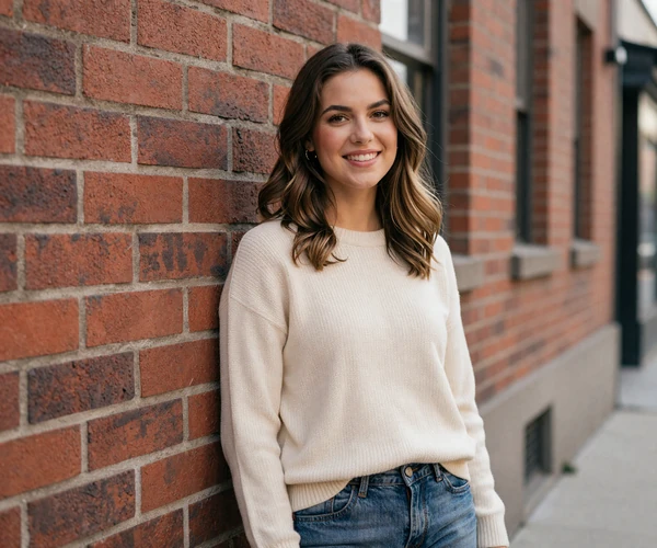 Woman smiling on a city walk, seeking army dating on MilitaryHearts