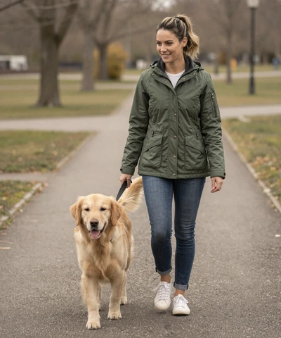 Audrey walking her golden retriever in a park on a military dating site