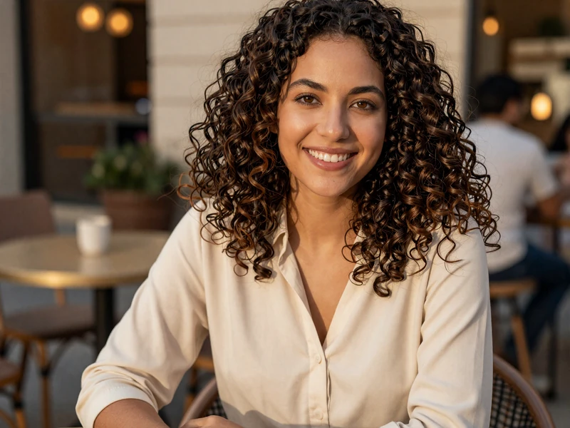 Young woman smiling at an outdoor cafe, representing someone exploring where to meet military men online