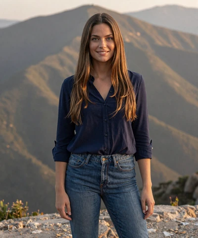 Elena at a scenic overlook on a military pilot dating site