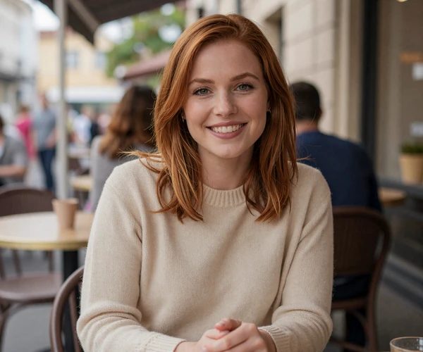 Woman smiling at an outdoor cafe on a uniform dating site for military singles