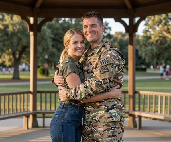Adrian and Frances embracing at a park gazebo after meeting on a military dating site