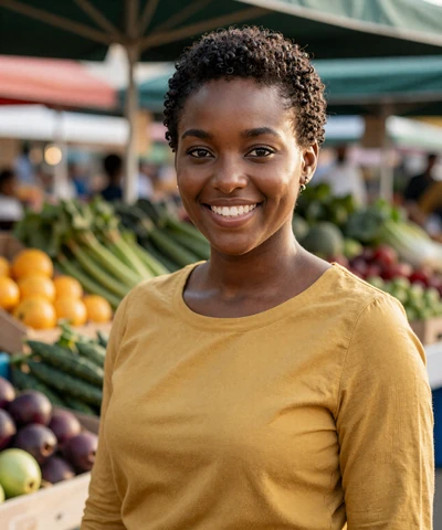 Amara smiling at a farmers market on an army singles dating platform