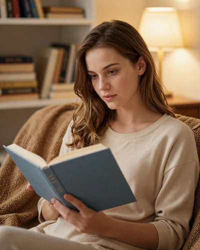 Brunette woman reading alone in a cozy nook, illustrating independence in a military long-distance relationship